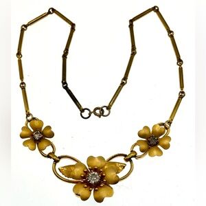 Vintage MCM Gold Tone Floral Design Necklace ProngSet Faceted Rhinestone Accents